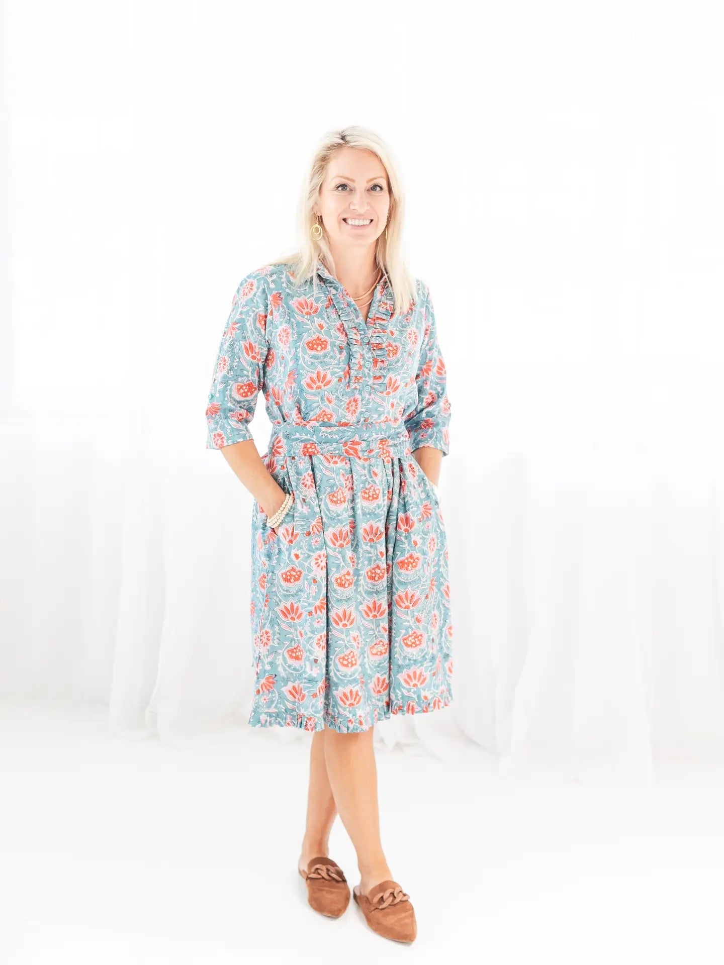 Dress--"Astra", Short, Blue & Coral (Rahab's Rope)