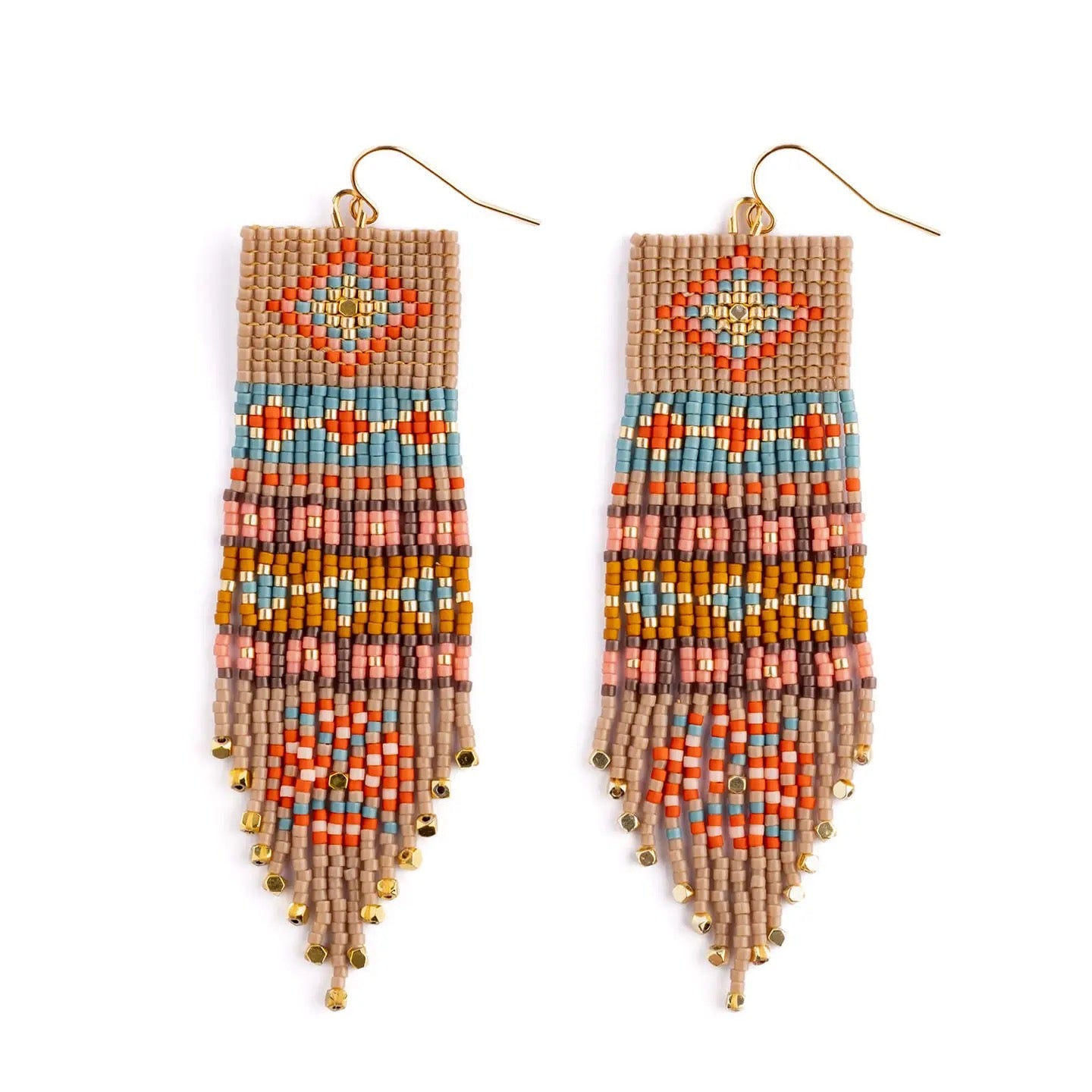 Earrings--"Shisha", Beaded, Wire Hooks, Tan/Turquoise/Red (Mayana)
