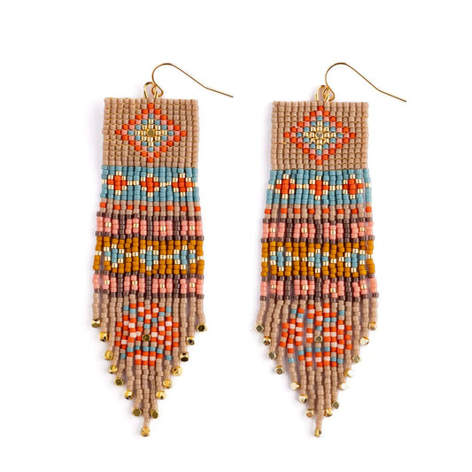 Earrings--"Shisha", Beaded, Wire Hooks, Tan/Turquoise/Red (Mayana)
