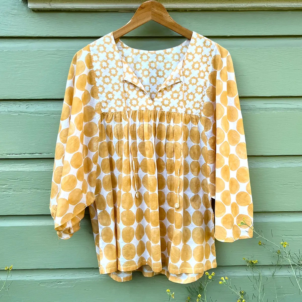 Blouse--"Albi", Tie-Front, Puff Sleeves, Yellow (Little Journeys)