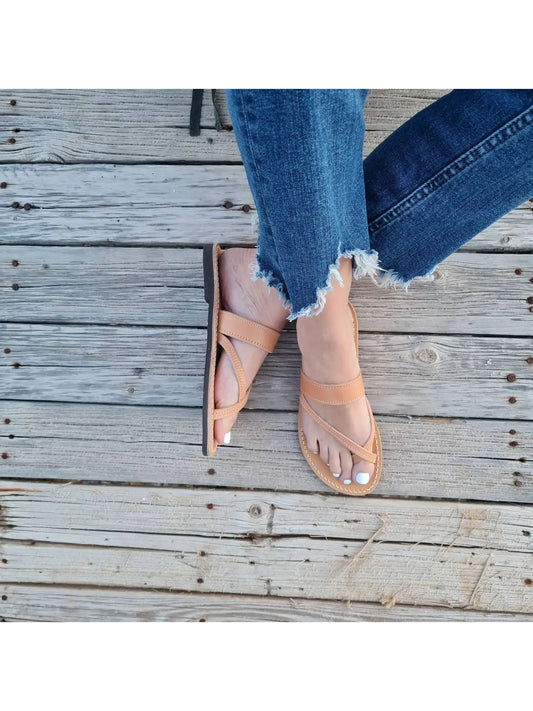 Sandals--Criss-Cross Toe, Leather, Natural (Madammeshushu)