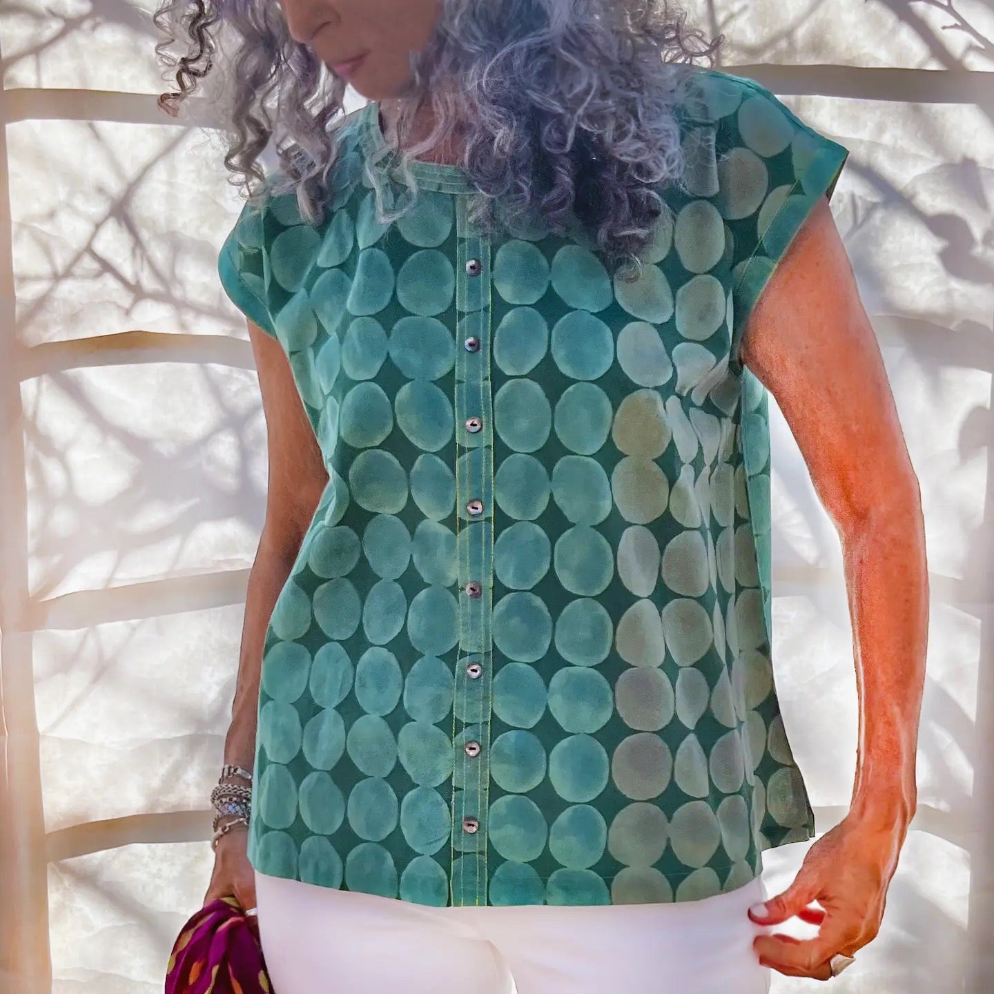 Top--"Paulina", Sleeveless, Circles--Teal (Little Journeys Chicago)