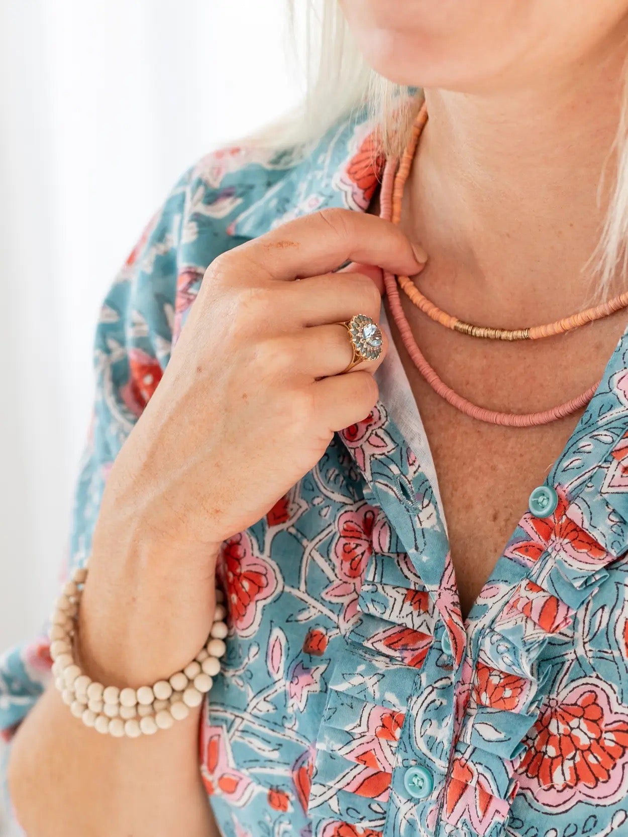 Dress--"Astra", Short, Blue & Coral (Rahab's Rope)