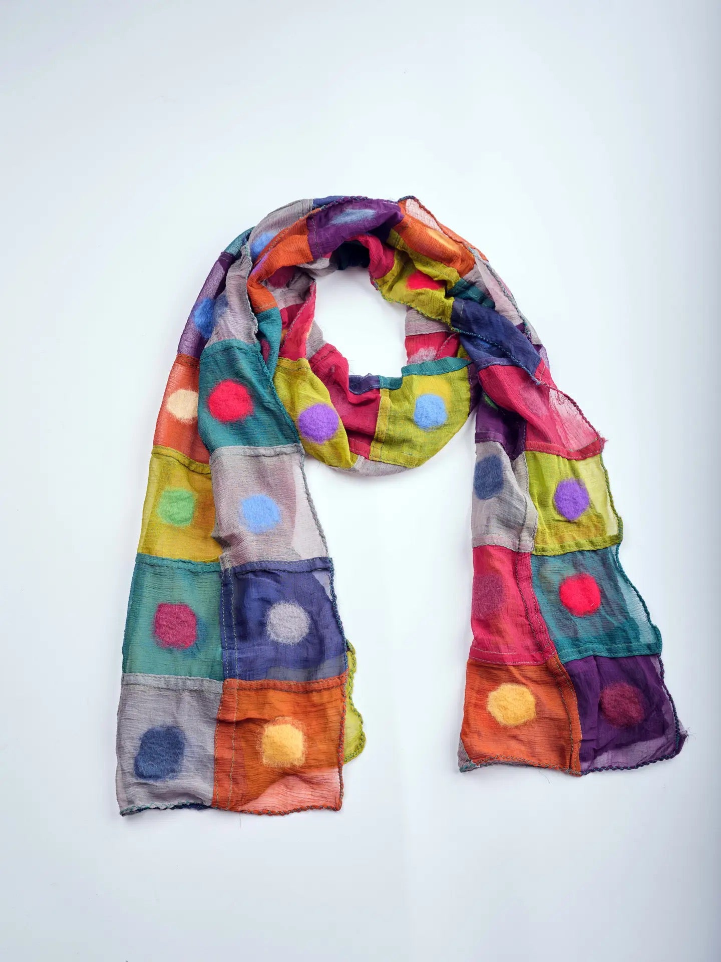 Scarf--"Polka Dots in Squares", Felted Wool & Silk, 3 Versions (Windhorse)