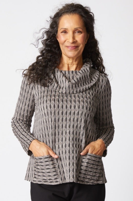 Top--"Newport", Cowl, Long Sleeve, Pocket,"Driftwood" (Habitat)