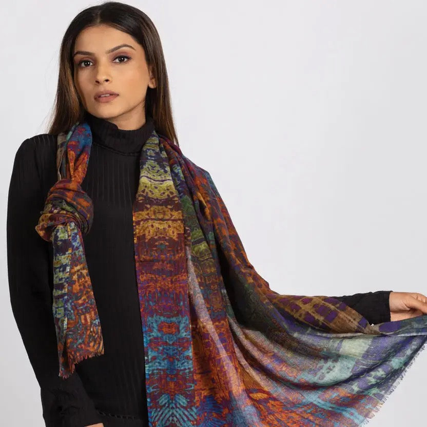 Shawl/Scarf--"Reena", Wool, Abstract Jewel Tones (Sevya Handmade)