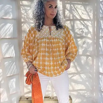 Blouse--"Albi", Tie-Front, Puff Sleeves, Yellow (Little Journeys)