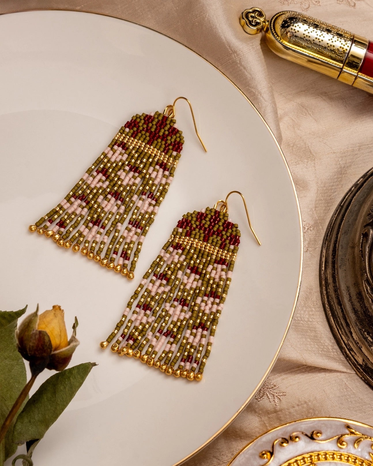 Earrings--"Brocade Garden", Olive/Pink (Mayana)