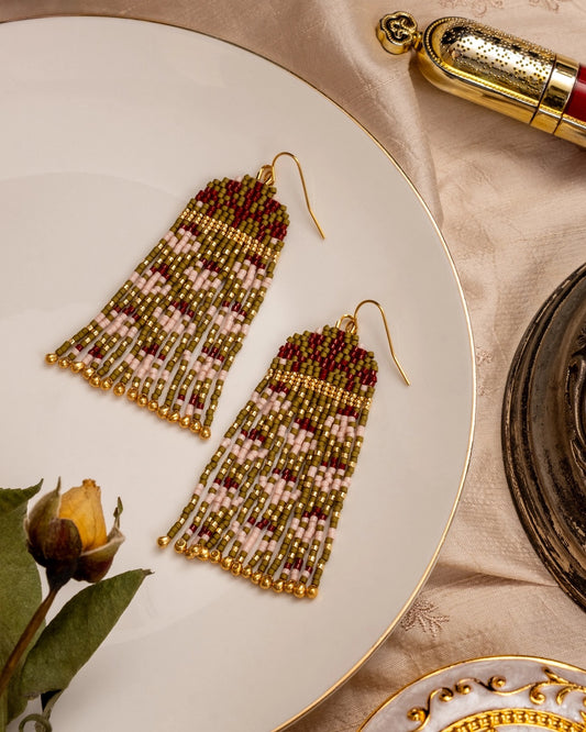 Earrings--"Brocade Garden", Olive/Pink (Mayana)