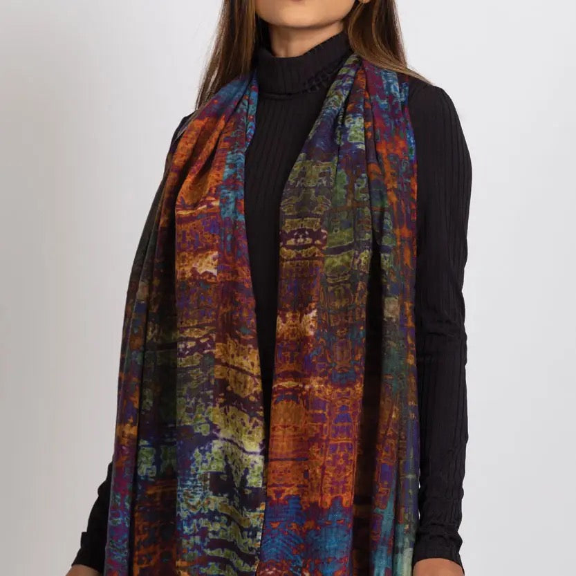 Shawl/Scarf--"Reena", Wool, Abstract Jewel Tones (Sevya Handmade)