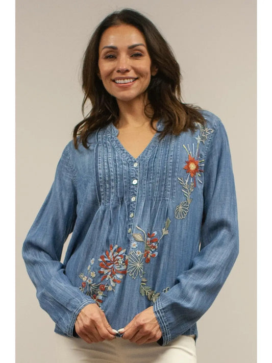 Blouse--"Raya", Long-Sleeved, Piping & Embroidery, Washed Blue (Kyla SEO)