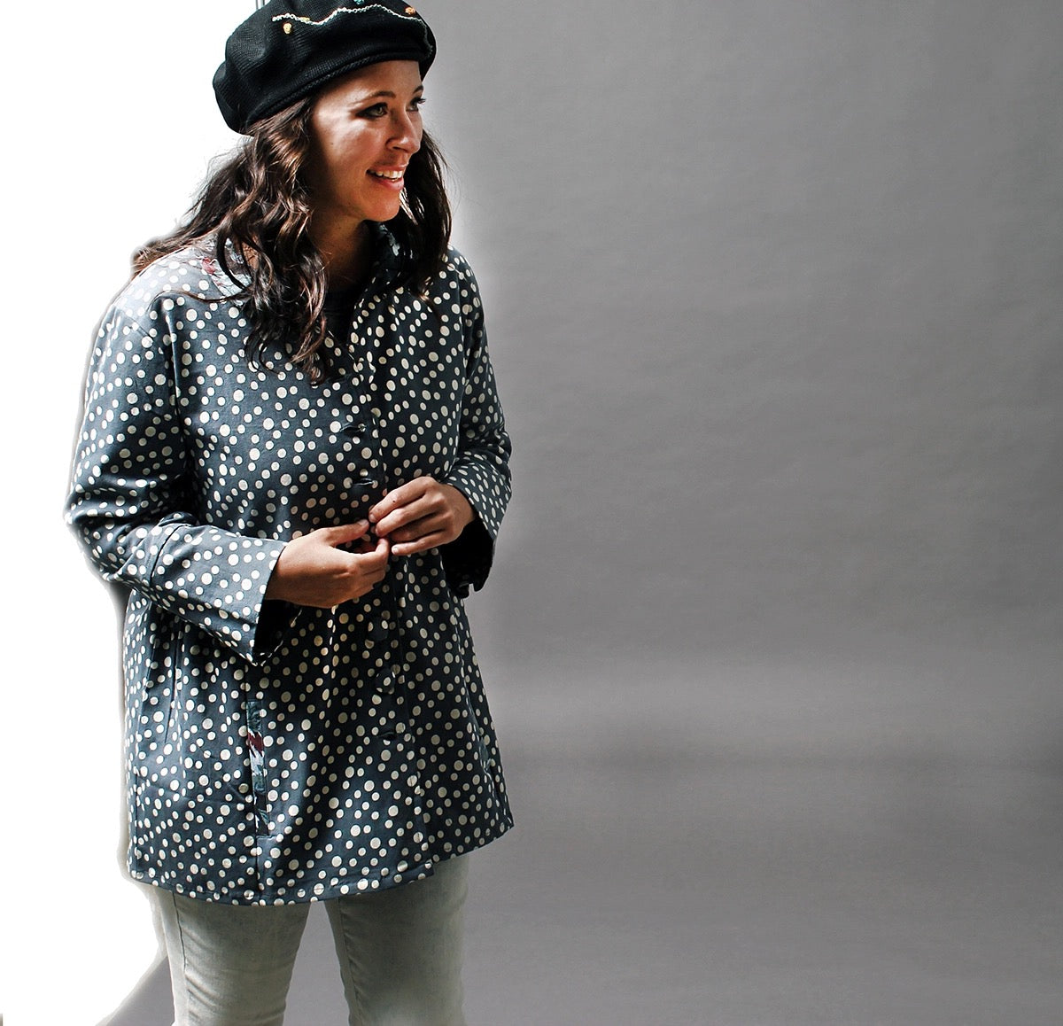 Jacket--"Sydney", Long-Sleeved, Twill, Slate Blue w/l Dots (Little Journeys)