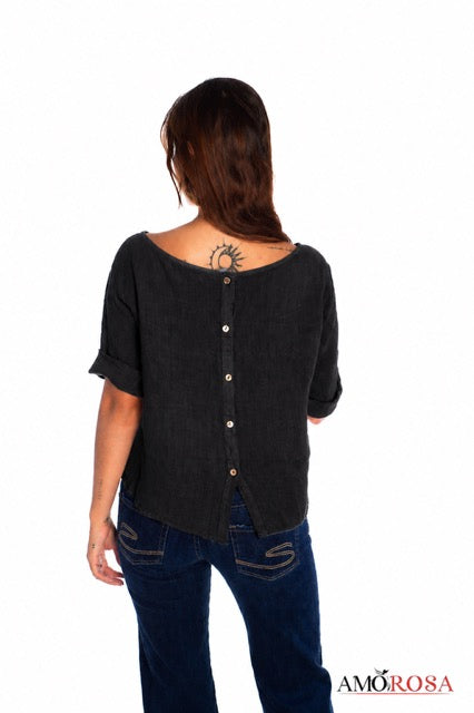 Top-- Button Back, Short Sleeve, Linen, Black OR Aqua (Amorosa)