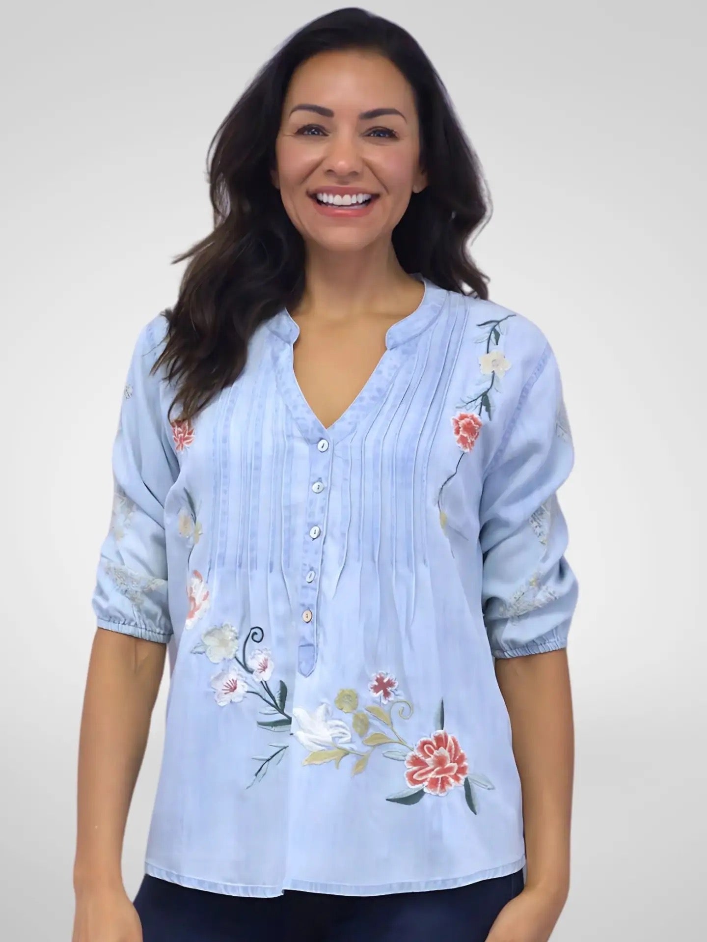 Blouse--'Tyra", Embroidered, Floral, Soft Denim (Caite & Kyla SEO)