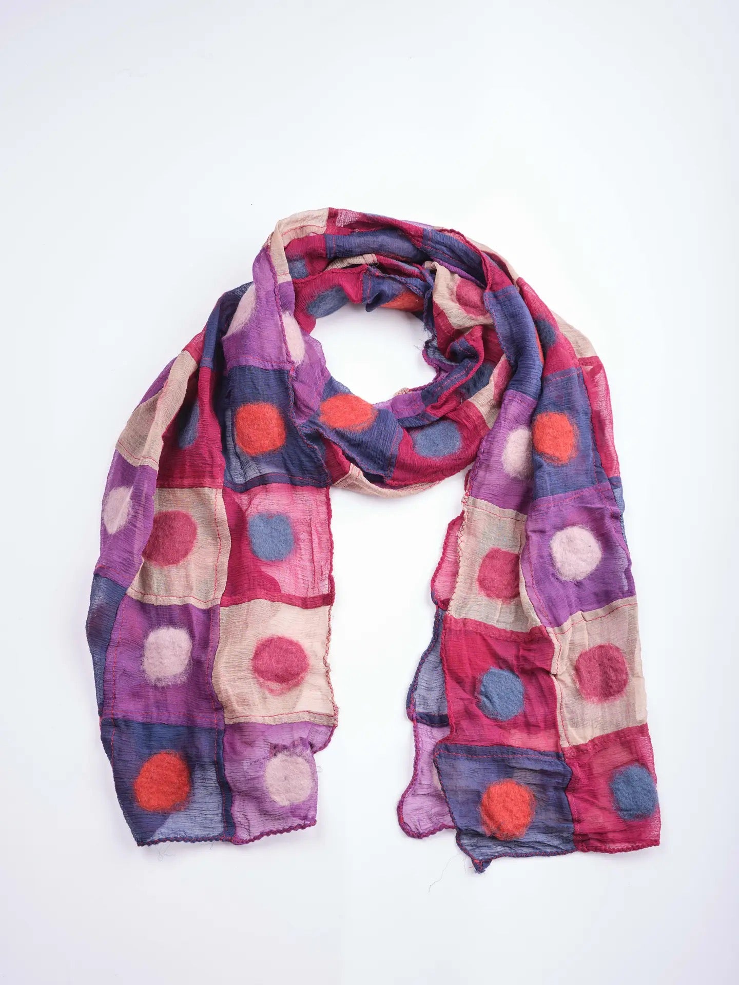 Scarf--"Polka Dots in Squares", Felted Wool & Silk, 3 Versions (Windhorse)