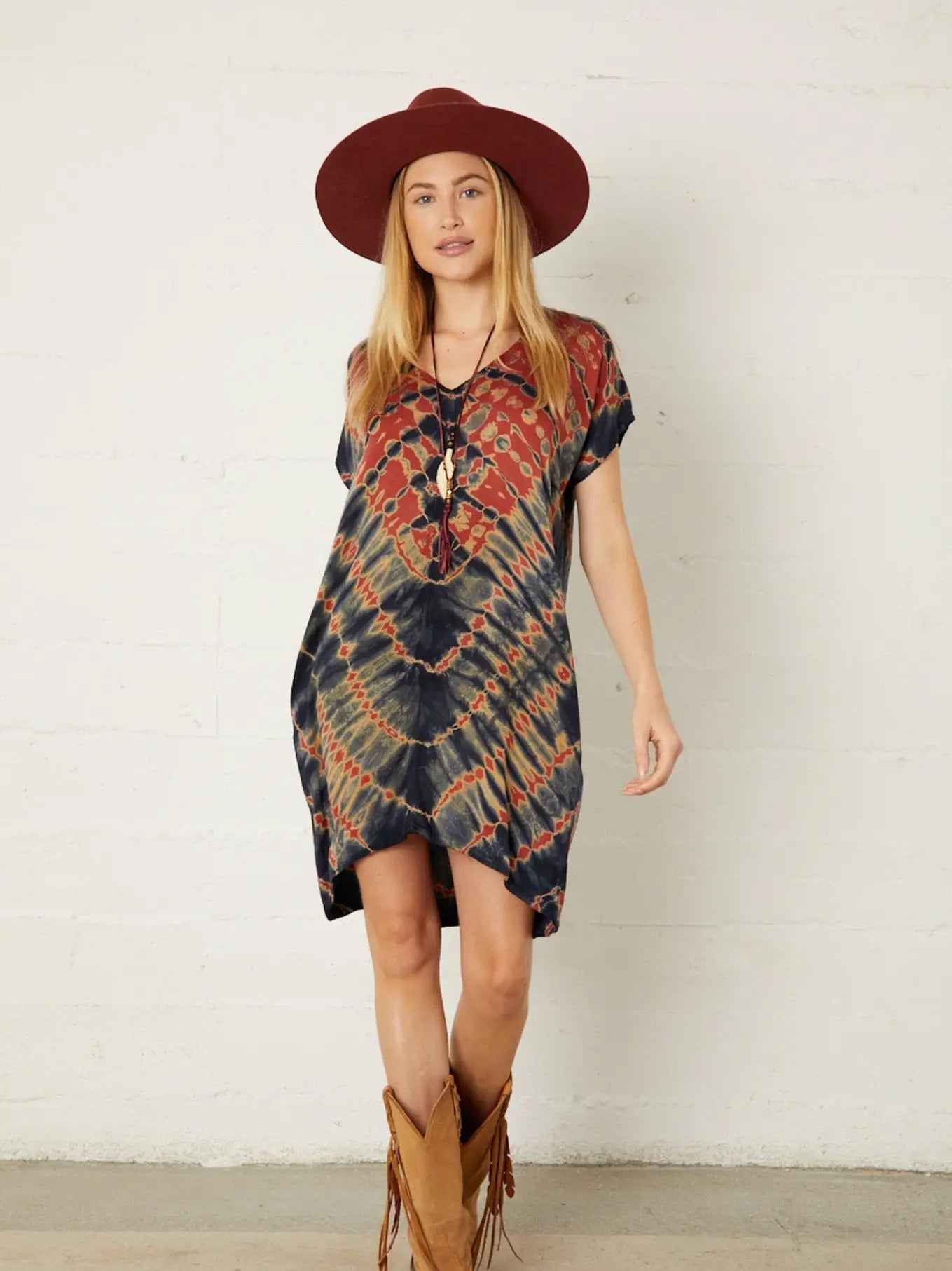Dress--"Brooklyn--Tiger's Eye", Cocoon-Shape, Tie-Dye, Rust/Charcoal/Navy (River + Sky)