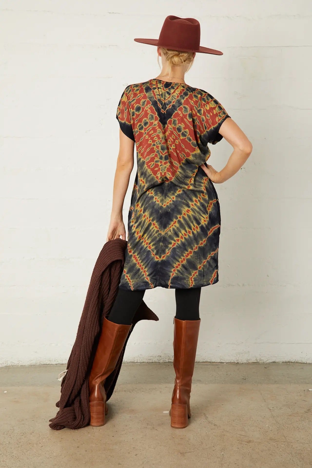 Dress--"Brooklyn--Tiger's Eye", Cocoon-Shape, Tie-Dye, Rust/Charcoal/Navy (River + Sky)