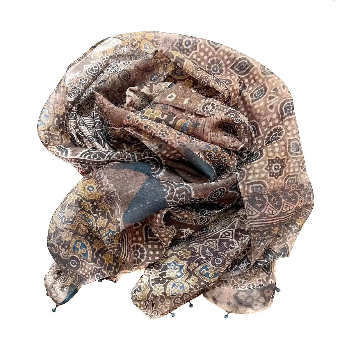 Scarf--Black Print, Cotton-Silk, Earth Browns/Indigo/Off White (Marigold Row)