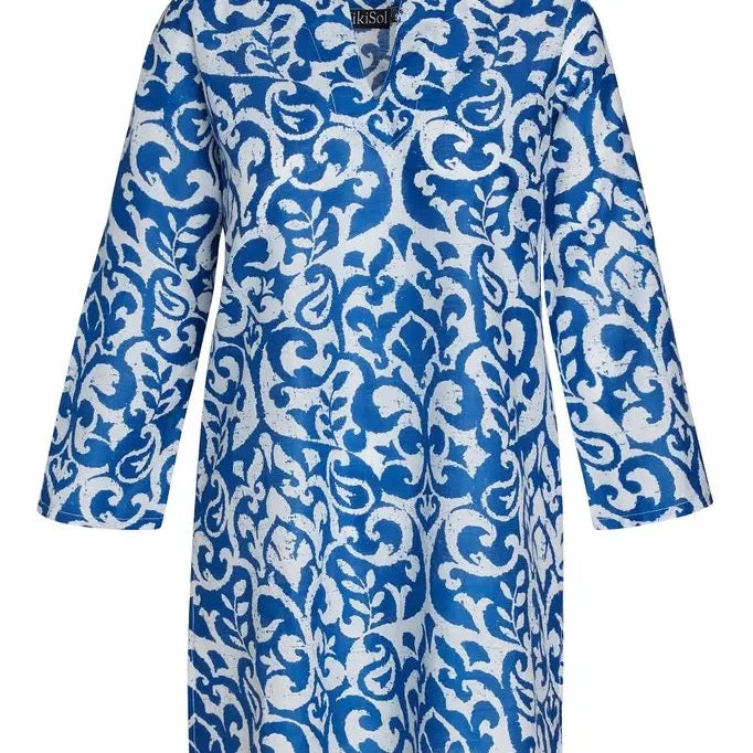 Tunic--Cotton, Batik, Floral, Mykonos Blue (KikiSol)
