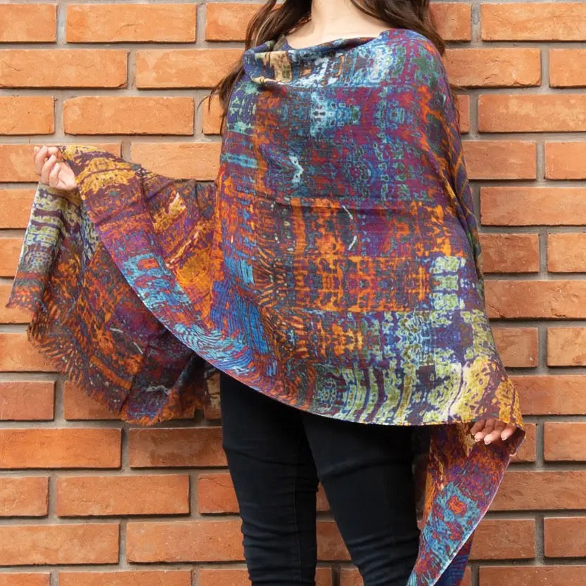 Shawl/Scarf--"Reena", Wool, Abstract Jewel Tones (Sevya Handmade)