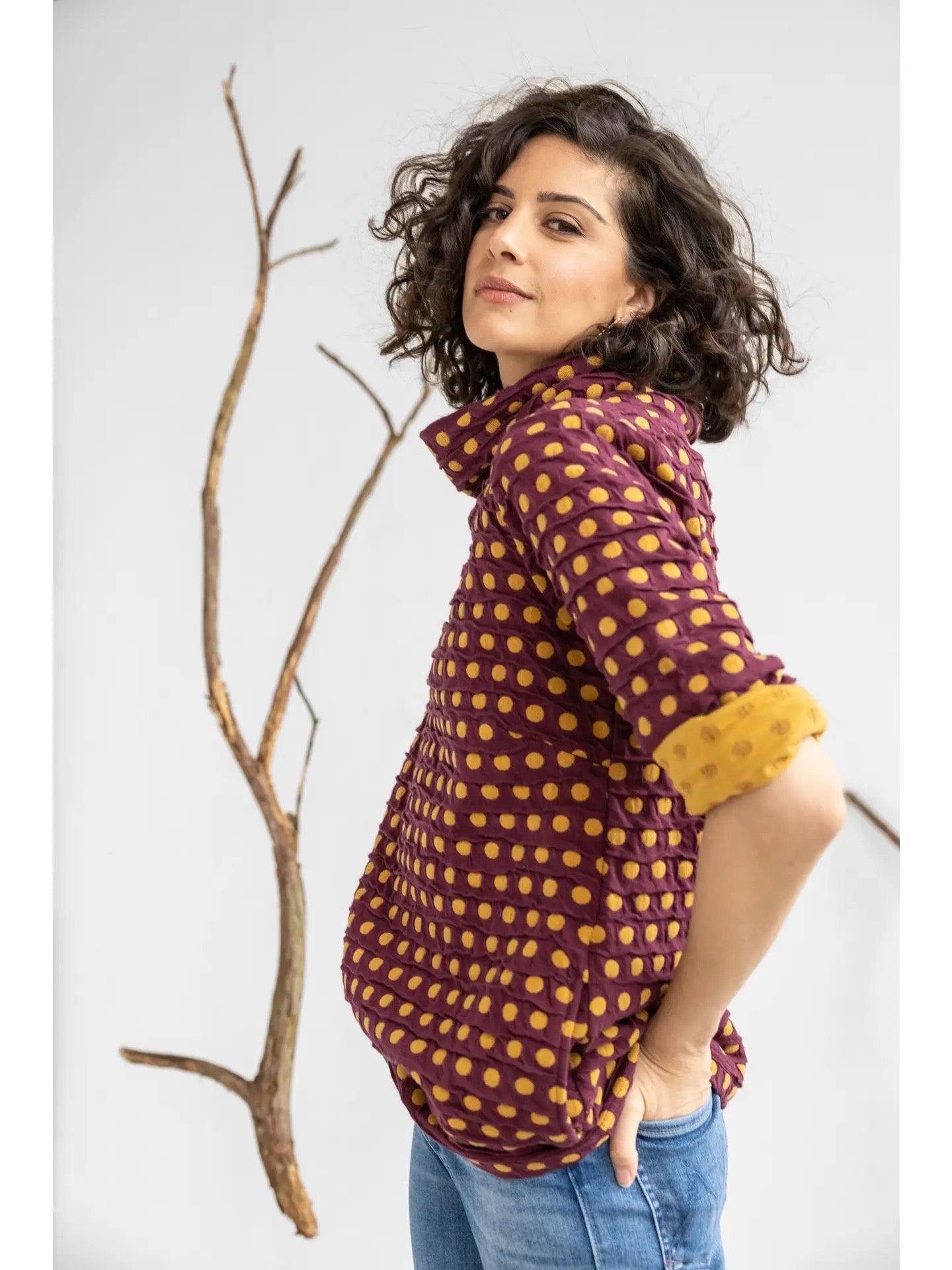 Tunic--"Spot"-Como, Cowl, 3/4-Sleeve, Rust/Mustard (Komil)