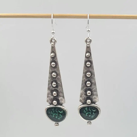 Earrings--"Talisman", Drop-style, Enamel & Pewter, Emerald Green (Volare)