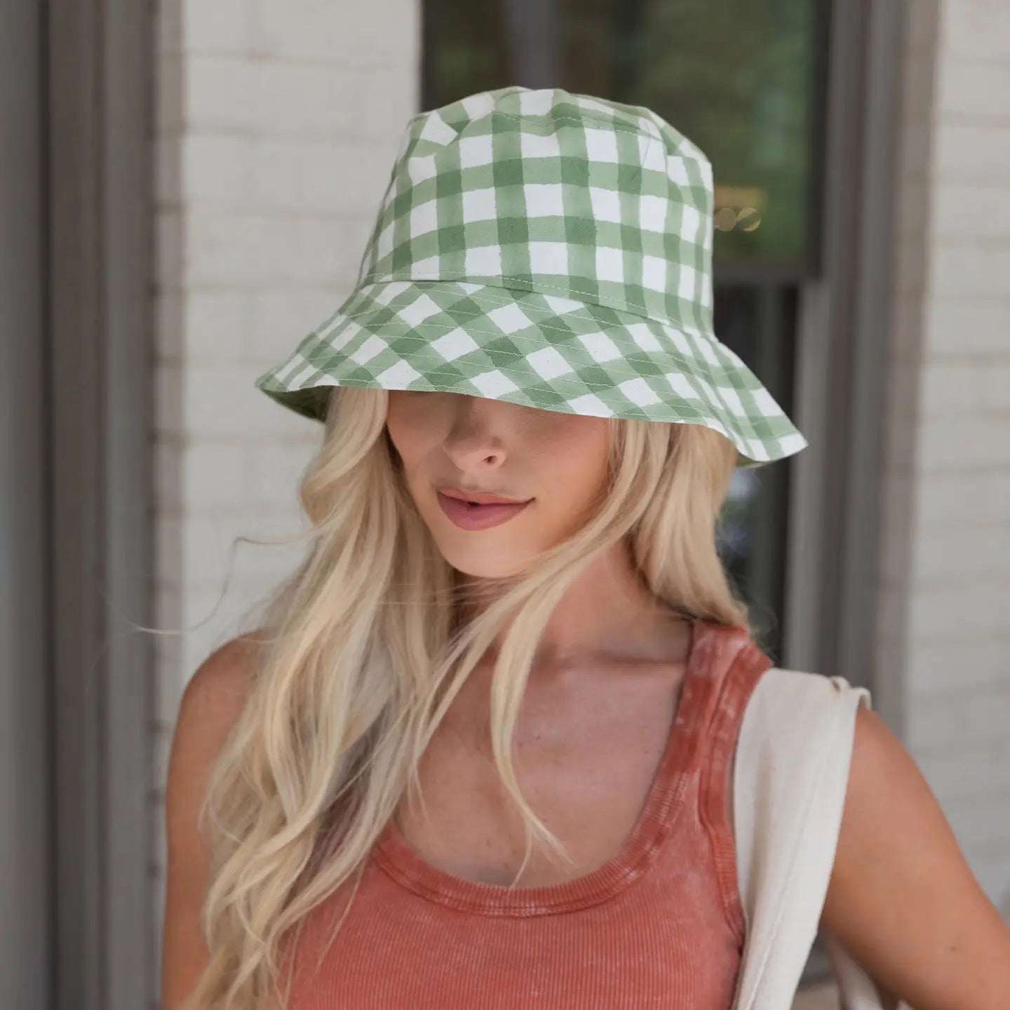 Hat--Bucket, Gingham, Green & White (Anju)
