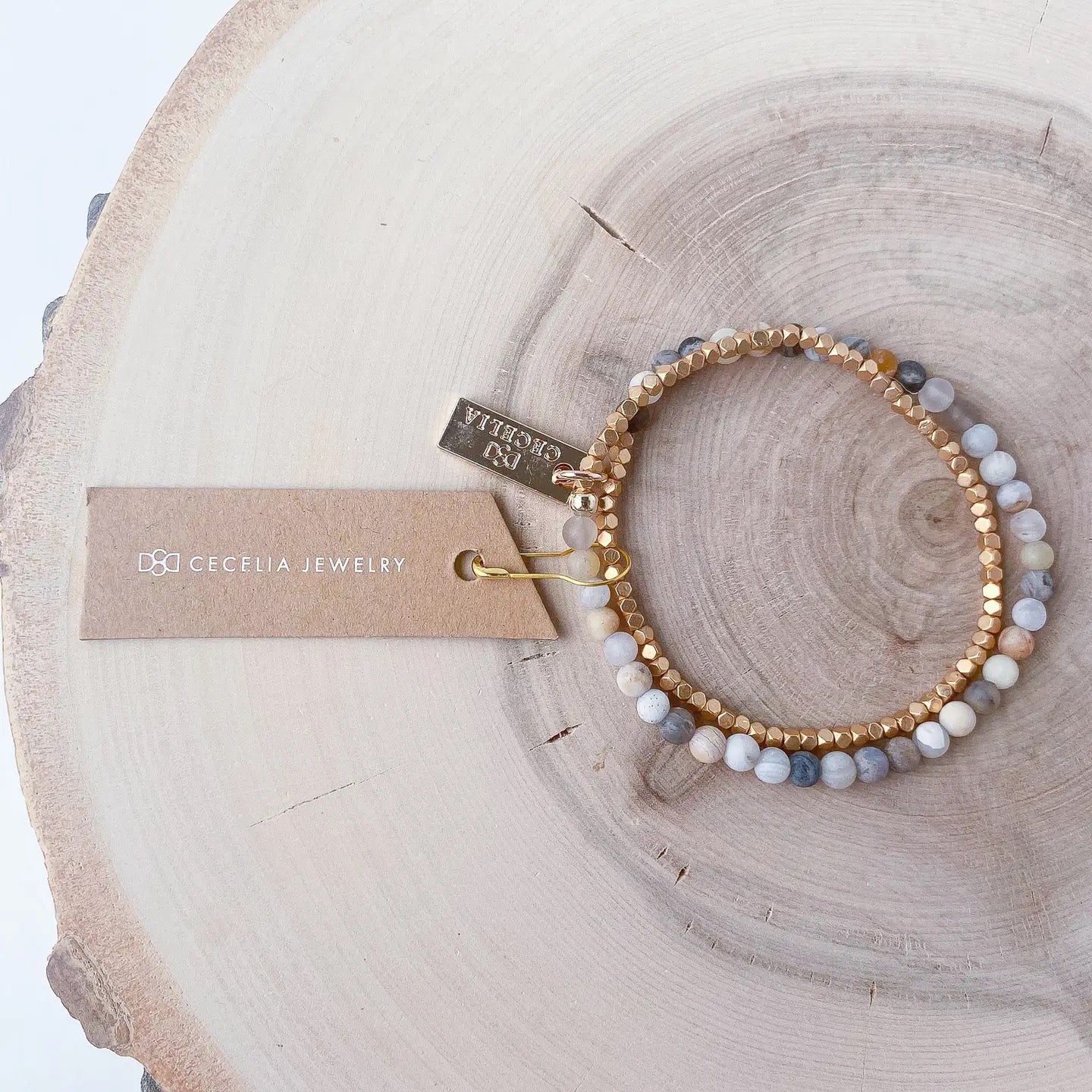 Bracelet--Double Wrap, Stone & GOLD Nuggets, 7 Stones (Cecelia Designs)