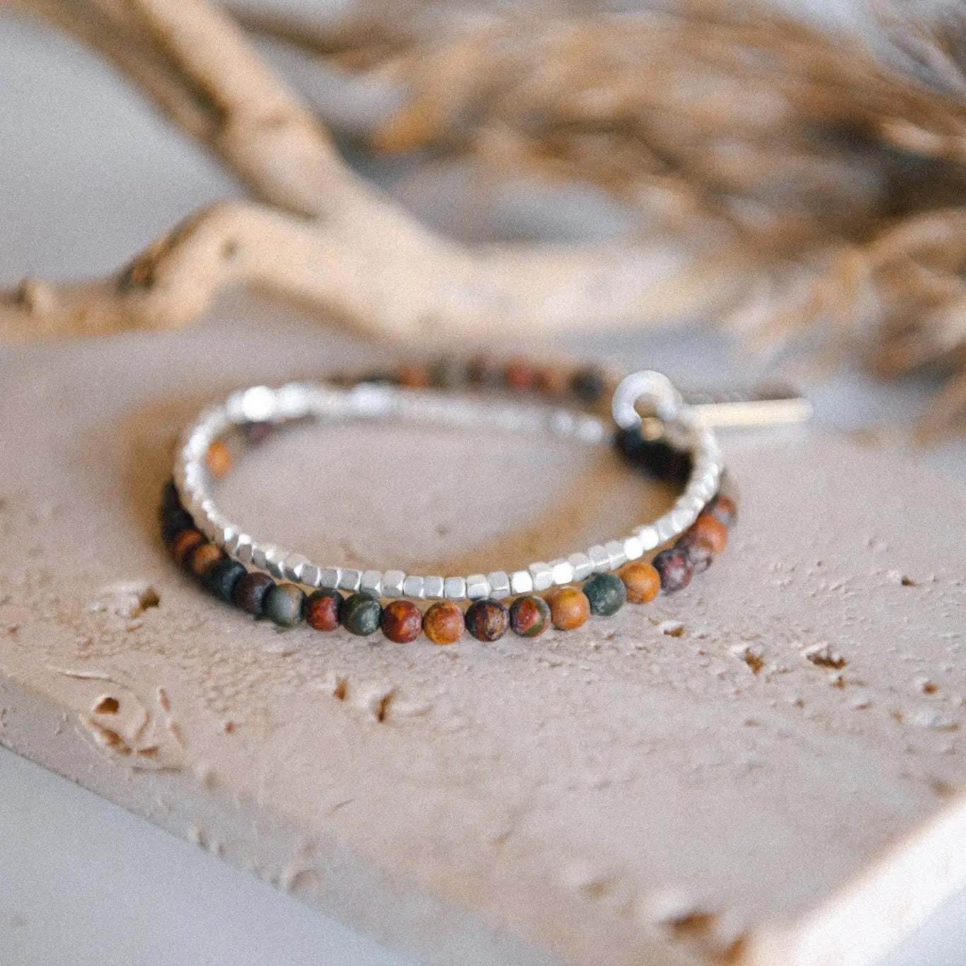Bracelet--Double Wrap, Stone & SILVER Nuggets, 7 Stones (Cecelia Designs)