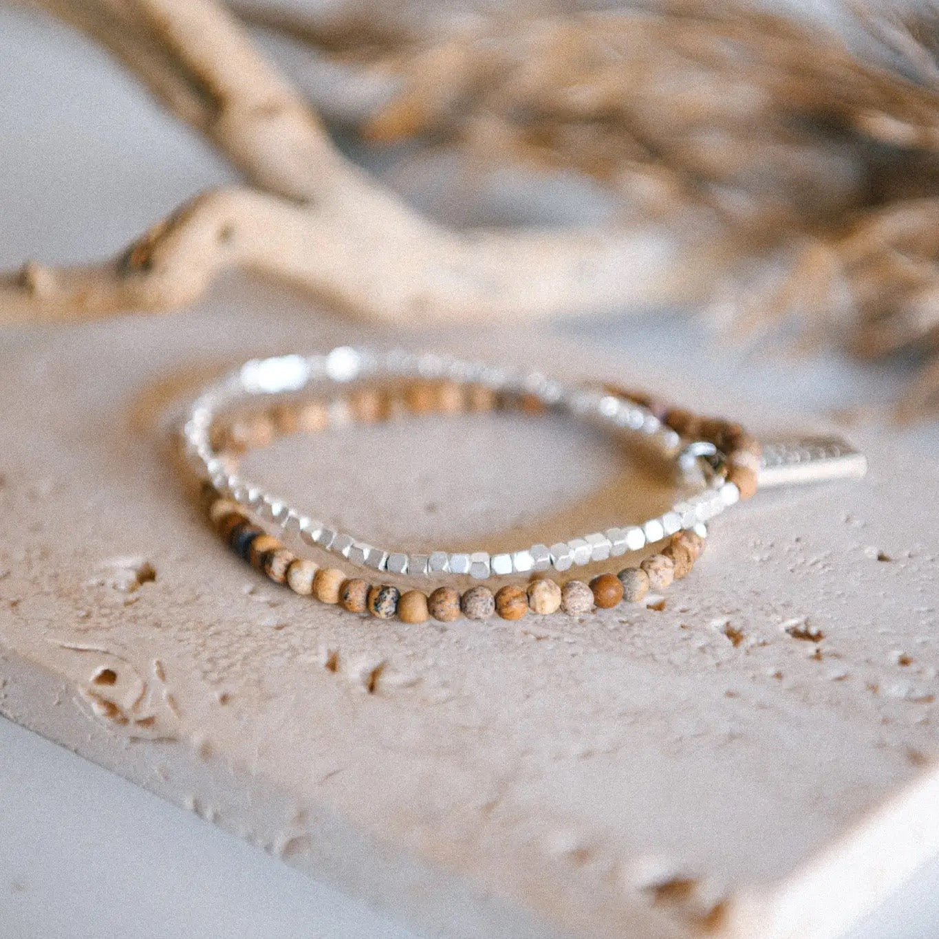 Bracelet--Double Wrap, Stone & GOLD Nuggets, 7 Stones (Cecelia Designs)
