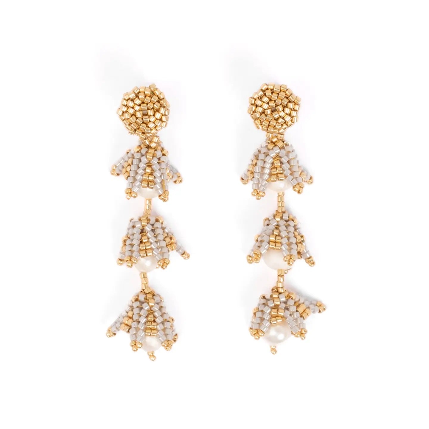 Earrings--"Bell Drop & Pearl", Posts, Cream OR Silver (Mayana)