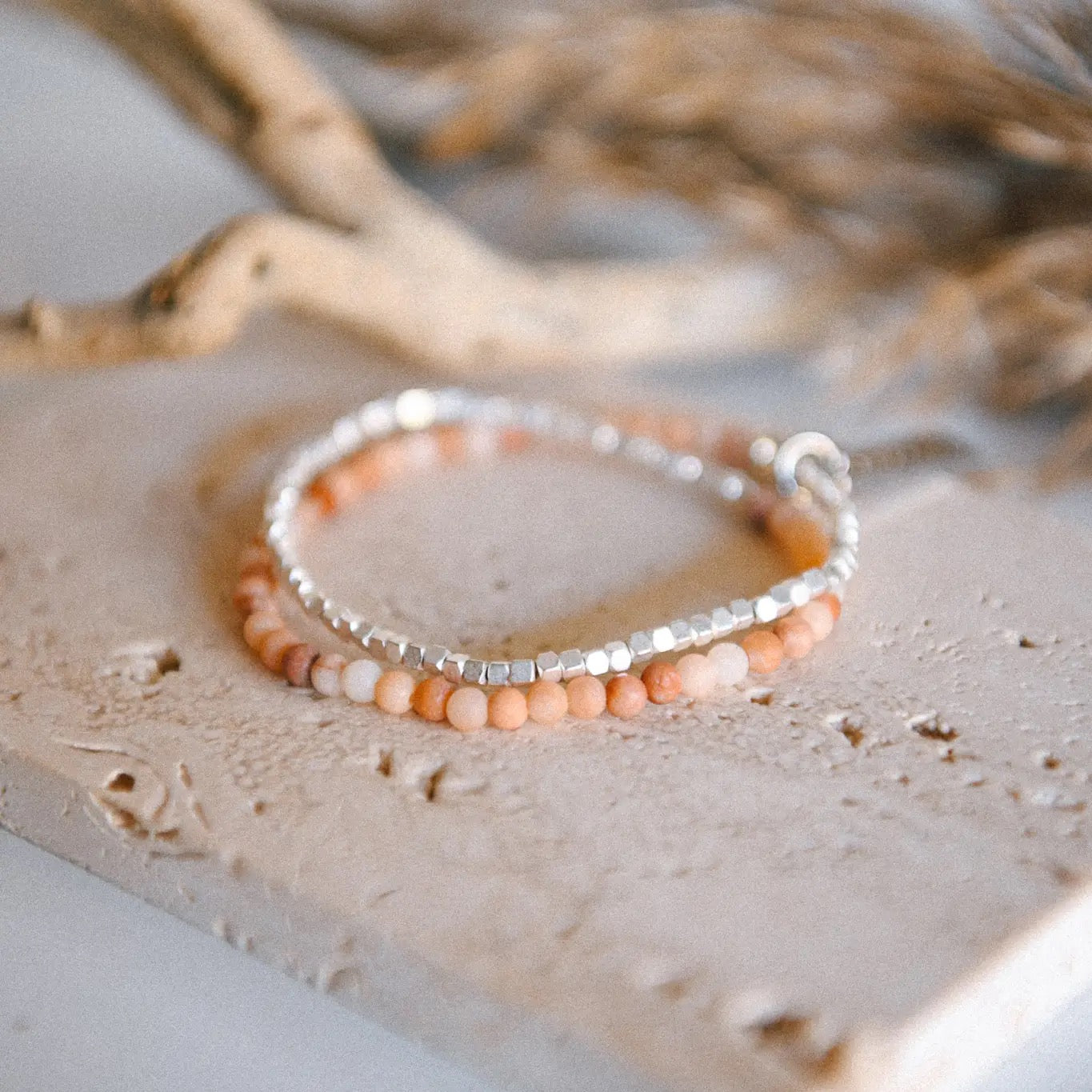Bracelet--Double Wrap, Stone & SILVER Nuggets, 7 Stones (Cecelia Designs)