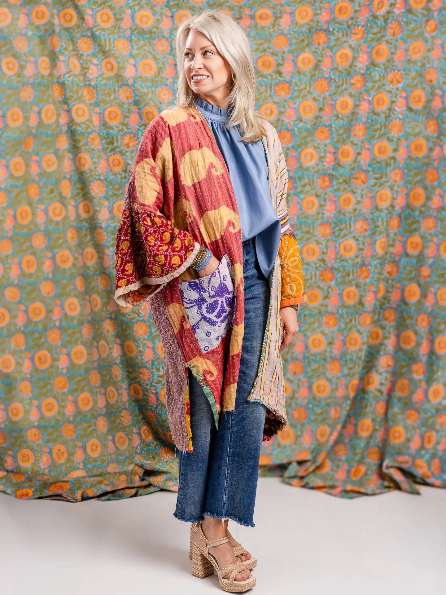 Kaftan--"Kantha", Reversible, Cotton, LONG or SHORT, Indian Print  (Rahab's Rope)