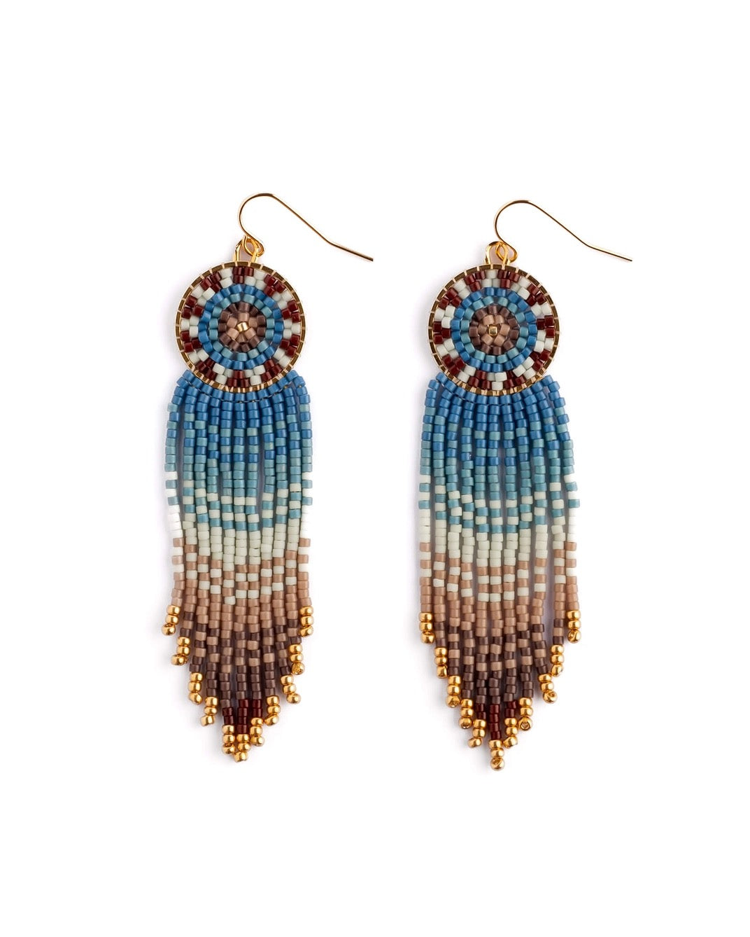 Earrings--"Mandala", Beaded, Wire Hooks, Blues/Tan (Mayana)