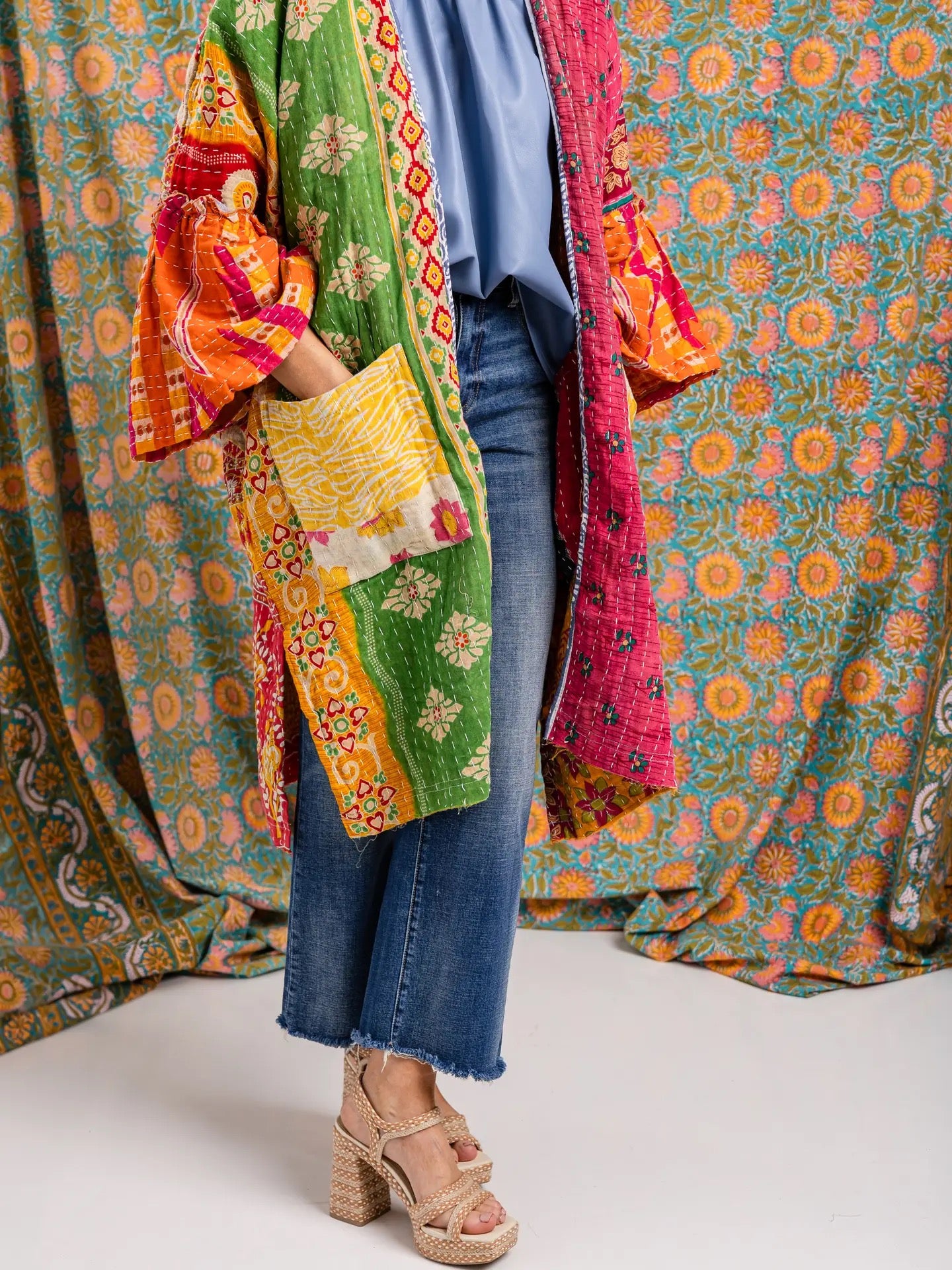 Kaftan--"Kantha", Reversible, Cotton, LONG or SHORT, Indian Print  (Rahab's Rope)