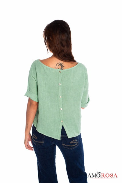 Top-- Button Back, Short Sleeve, Linen, Black OR Aqua (Amorosa)
