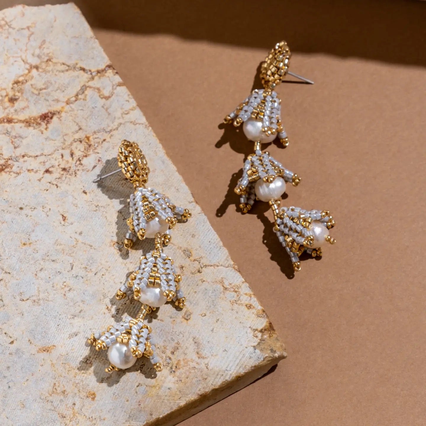 Earrings--"Bell Drop & Pearl", Posts, Cream OR Silver (Mayana)