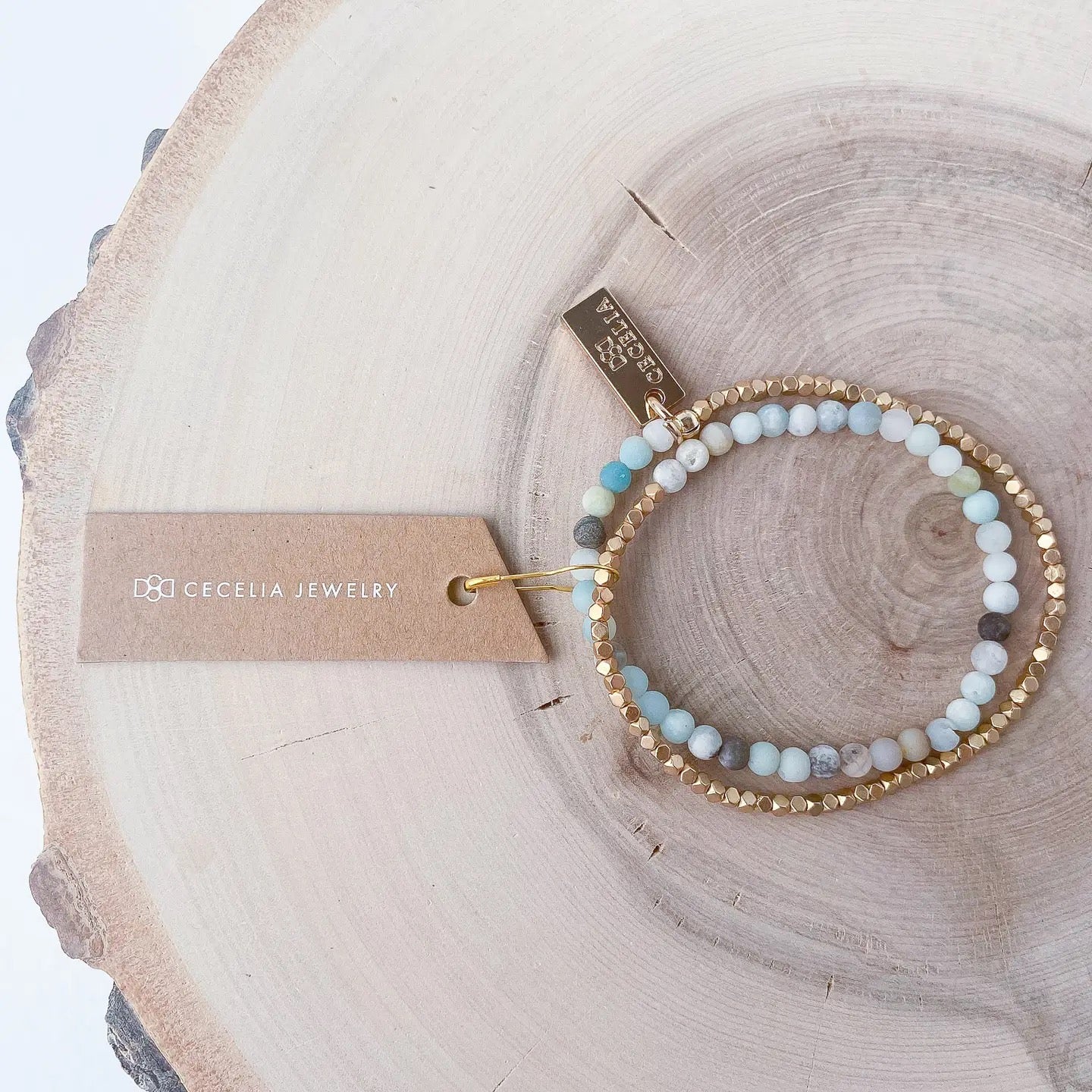 Bracelet--Double Wrap, Stone & GOLD Nuggets, 7 Stones (Cecelia Designs)