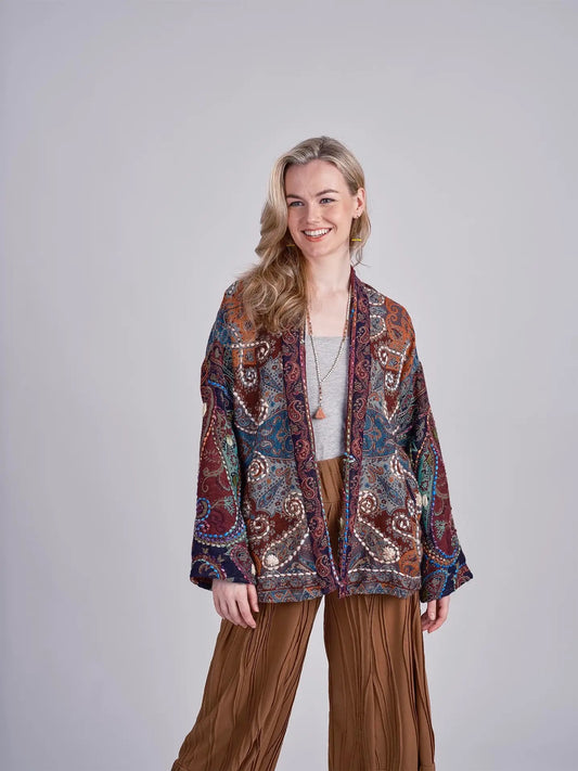 Jacket--"Jaipur", Embroidered, Open Front, Rust & Blue (Windhorse)