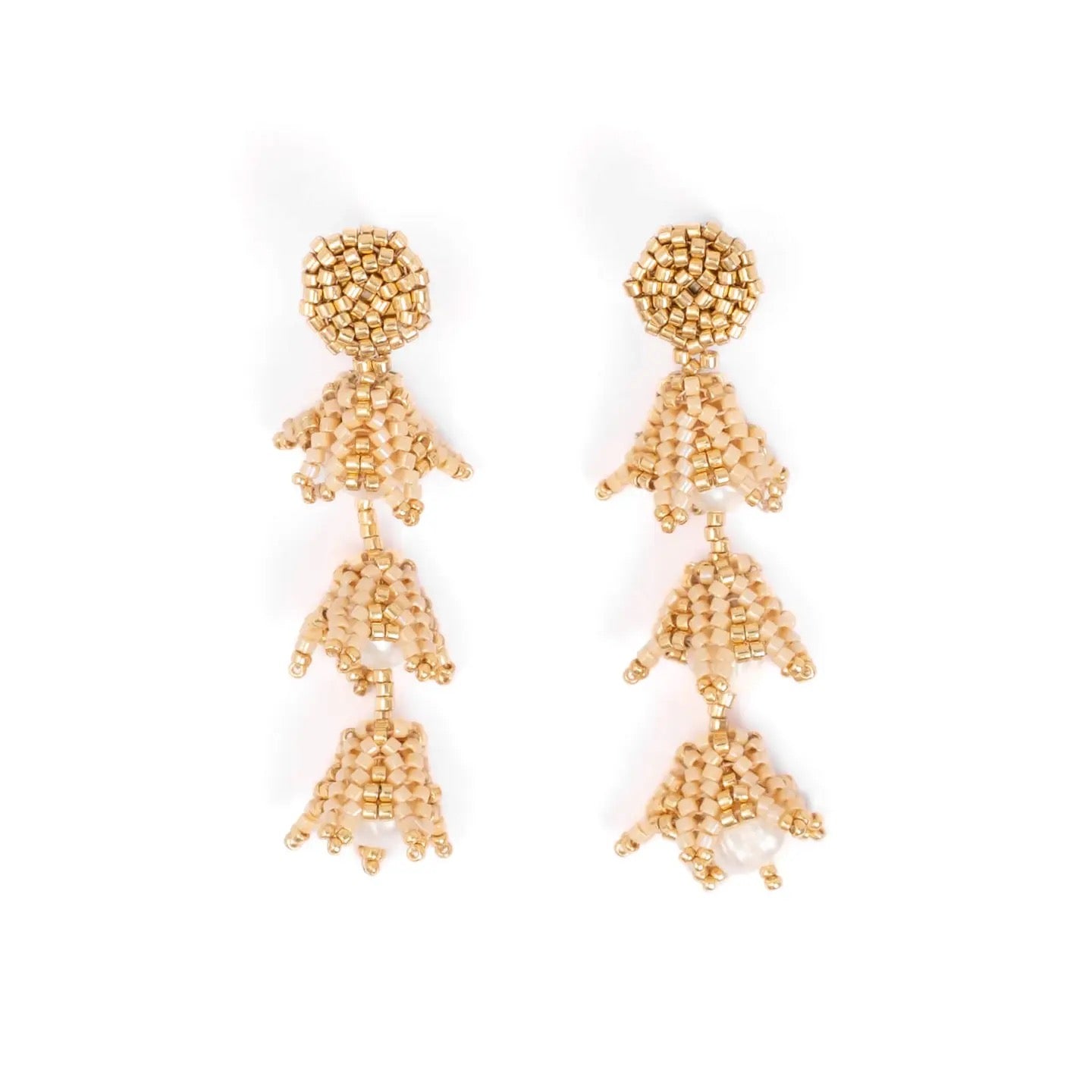 Earrings--"Bell Drop & Pearl", Posts, Cream OR Silver (Mayana)