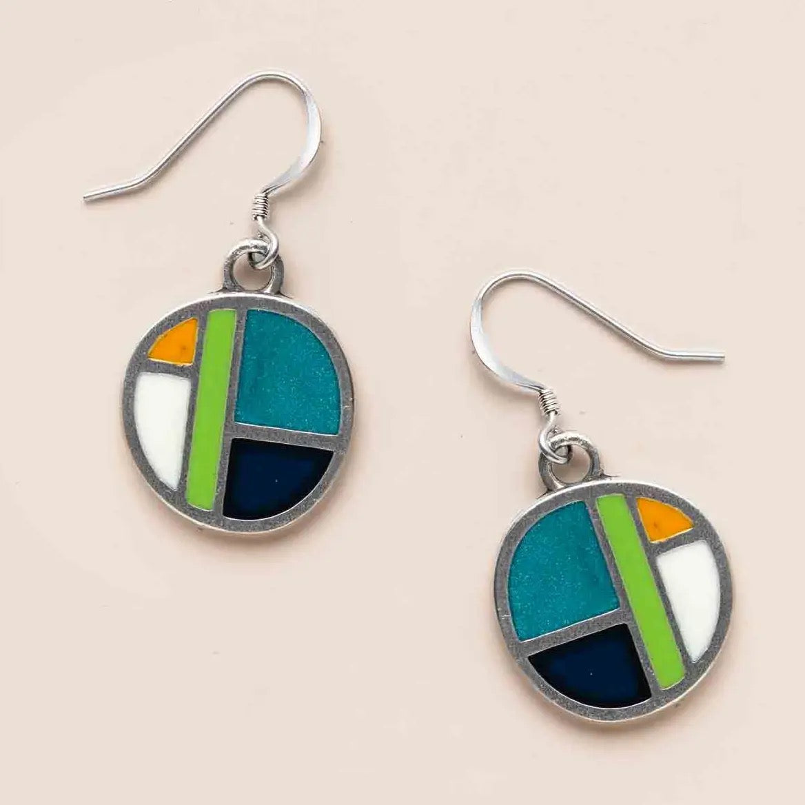 Earrings--"Island Breeze", Dangle, Pewter & Enamel, Turquoise/Orange/Navy/Green (Danforth Pewter)