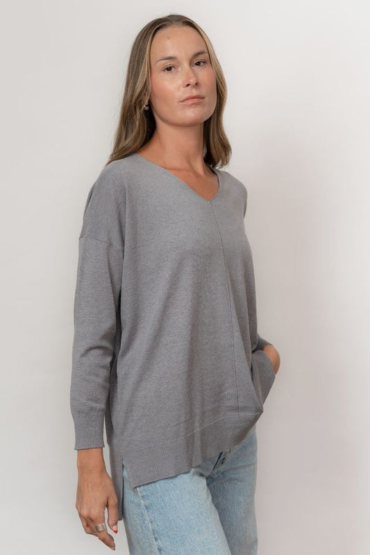 Sweater--Tunic, V-Neck, Bamboo-Blend, Mid-Grey (Echo Verde)
