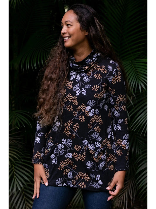 Top--"Tokyo, Long-Sleeve, Black with Leaves (Komil)