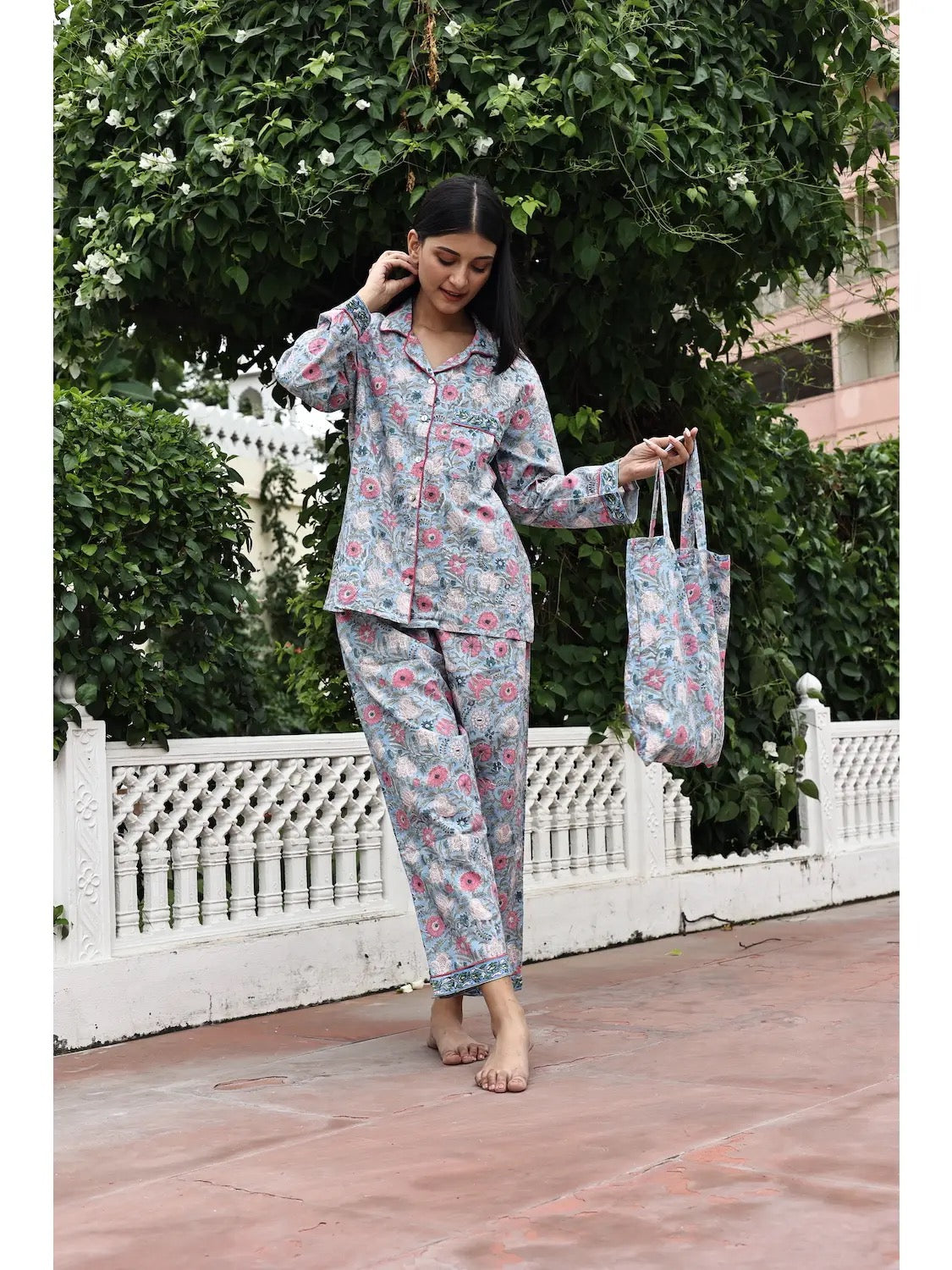 Pajamas--Cotton, Indian Print, Blue & Pink (Fox & Mermaid)