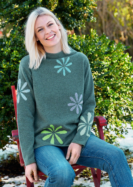 Sweater--"Irani"/Flowers, Funnel Neck, Lambswool, Green Teal (NOK by Charlotte Mansted)
