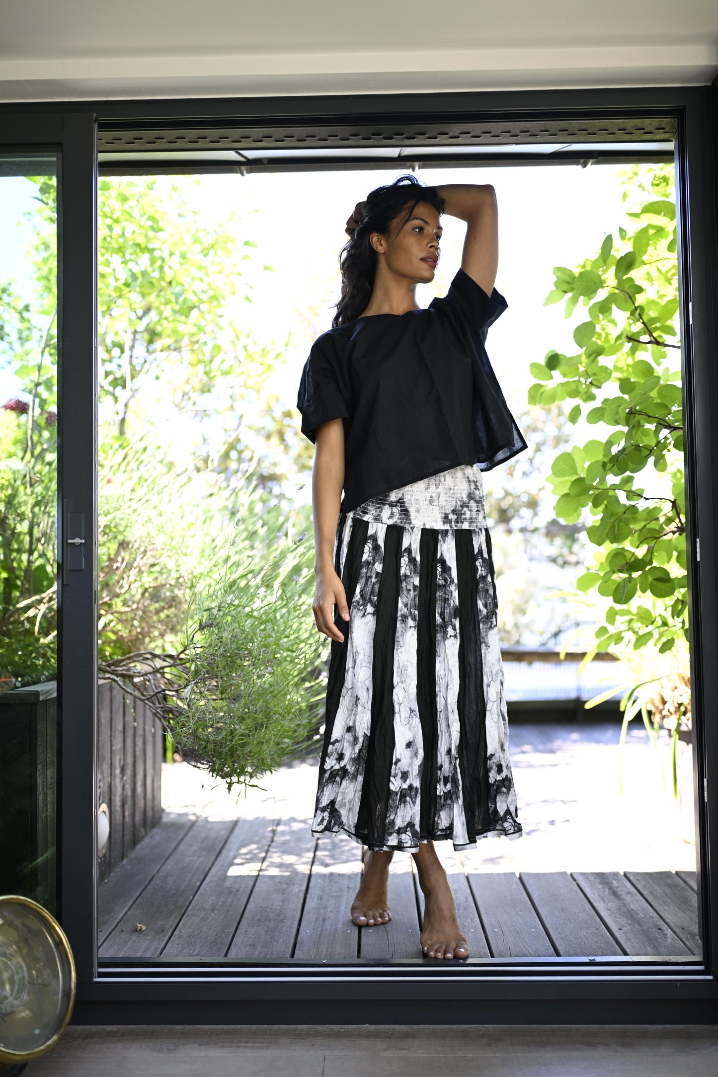 Skirt/Dress--"Jaja", Smocked, Crinkle-Cotton, INDIGO & WHITE (Dress Addict)