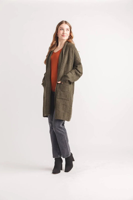 Cardigan--"Coatigan", LONG, Open-Front, Poly-Blend, Checked--OLIVE (Papillon)