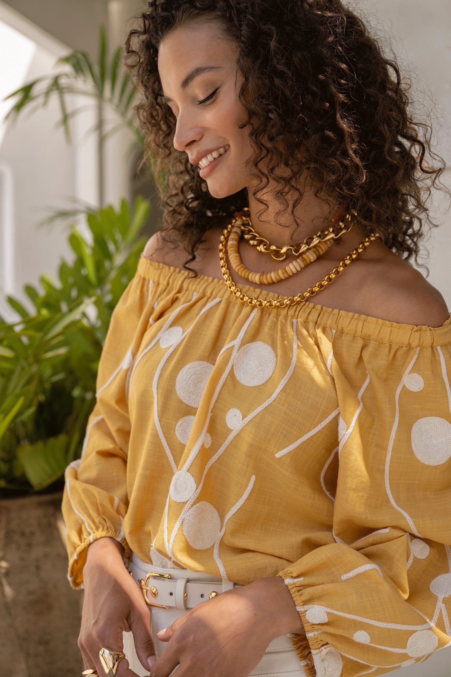 Blouse--"Island",Smock, 3/4 Sleeve, Yellow w/Cream (Liverpool LA)