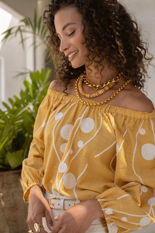 Blouse--"Island",Smock, 3/4 Sleeve, Yellow w/Cream (Liverpool LA)