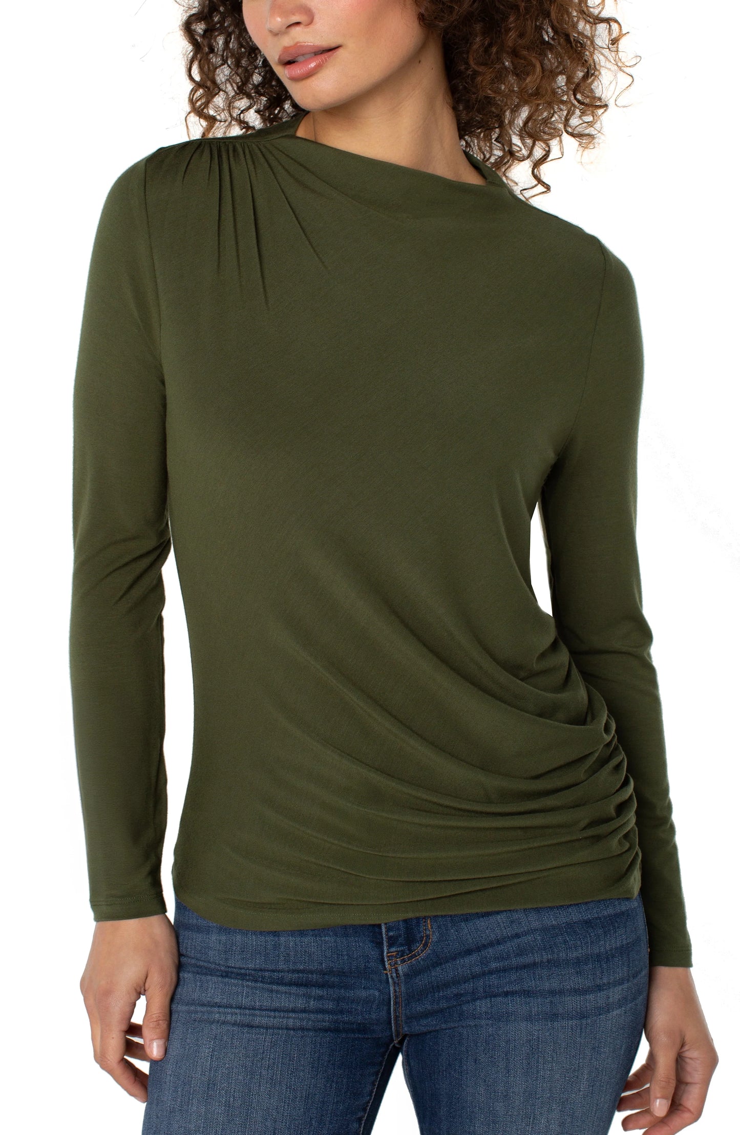 Top--Mock Turtleneck, Shirring, Java OR Forest Shade (Liverpool LA)